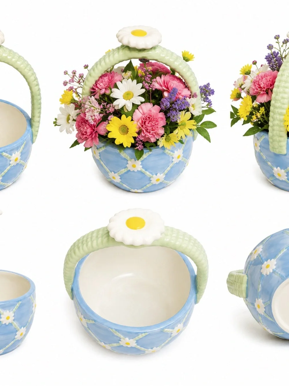 Vintage Daisy Ceramic Basket Vase - Blue and Green